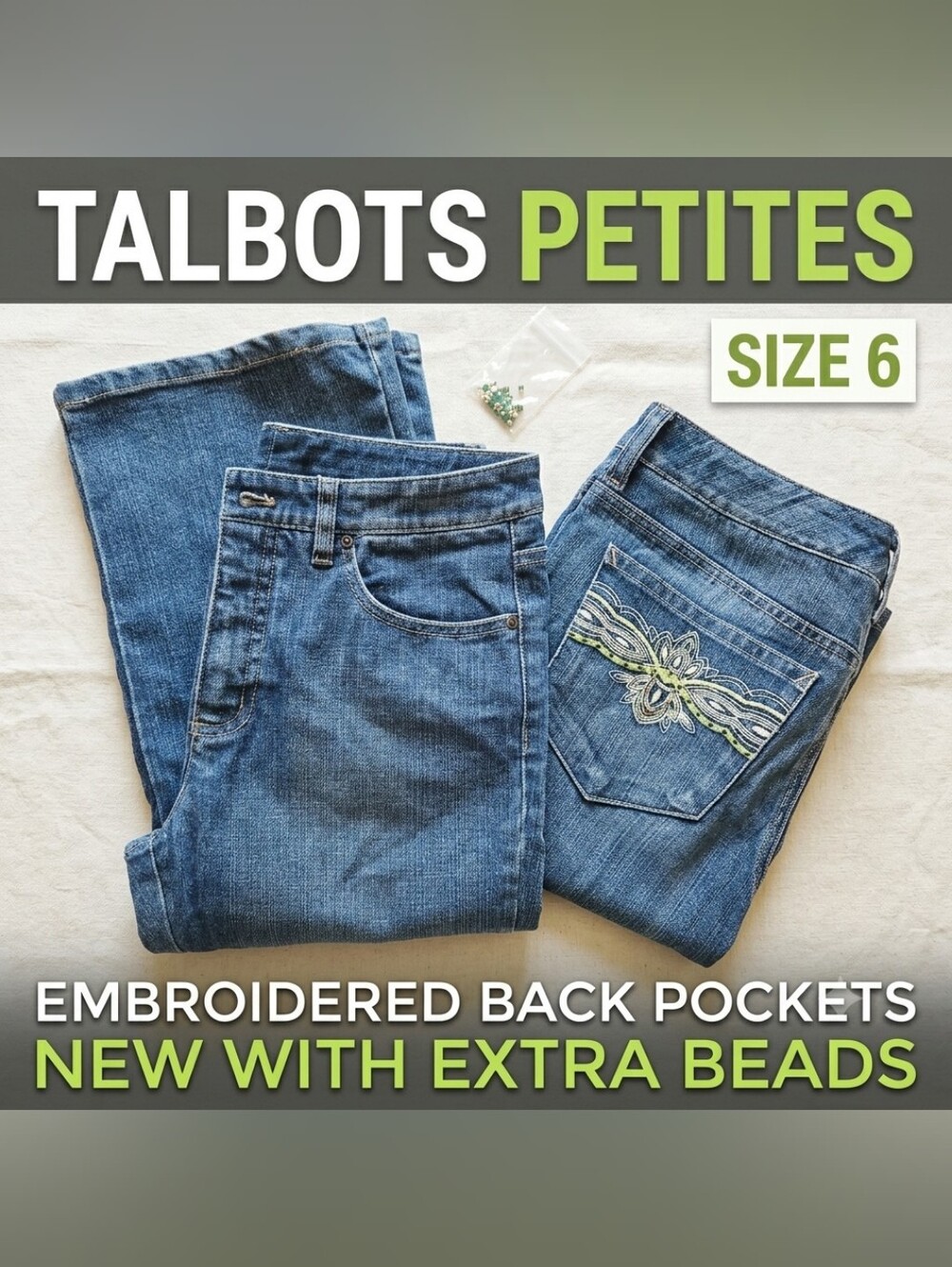 Talbots Petites Size 6 Bootcut Jeans Embroidered Beaded Back Pockets Medium Wash